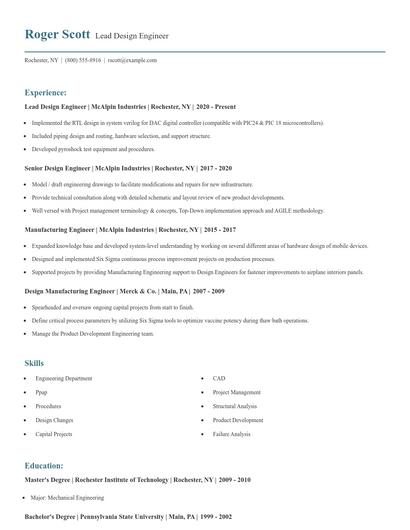 Lead Design Engineer Resume