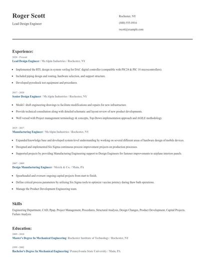 Lead Design Engineer Resume