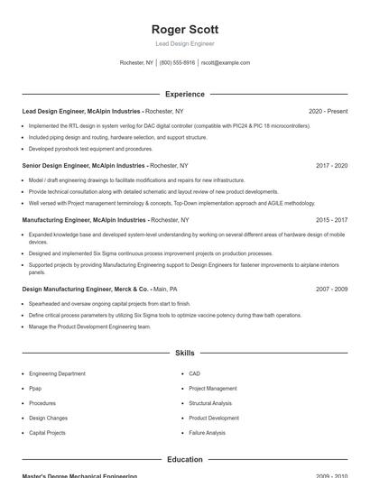 Lead Design Engineer Resume