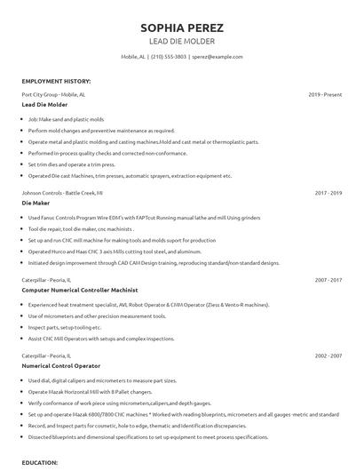 Lead Die Molder Resume