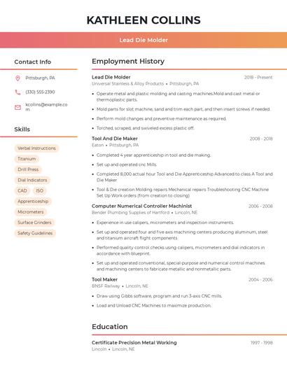Lead Die Molder Resume