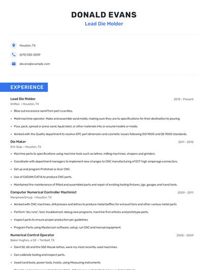 Lead Die Molder Resume