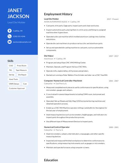Lead Die Molder Resume