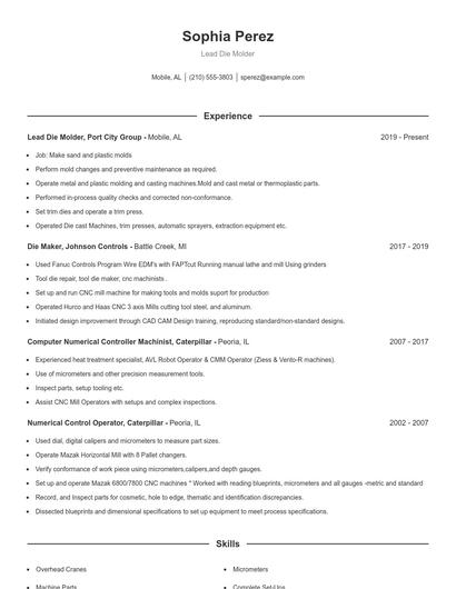 Lead Die Molder Resume