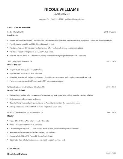 Lead Driver Resume