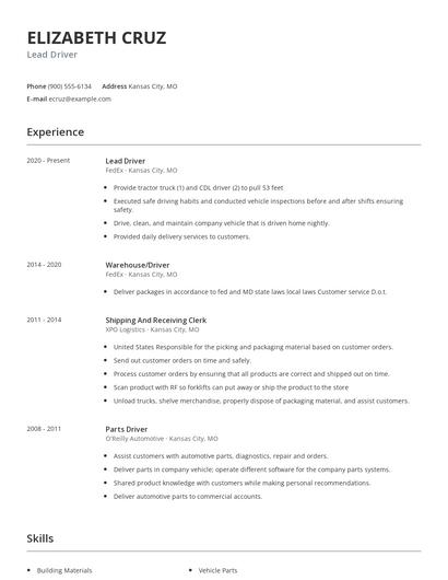 Lead Driver Resume