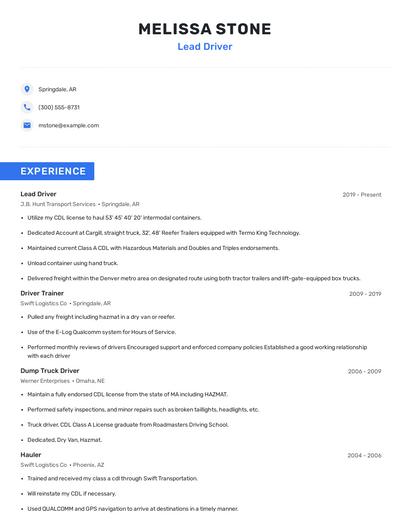 Lead Driver Resume