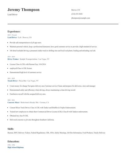 Lead Driver Resume