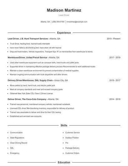 Lead Driver Resume