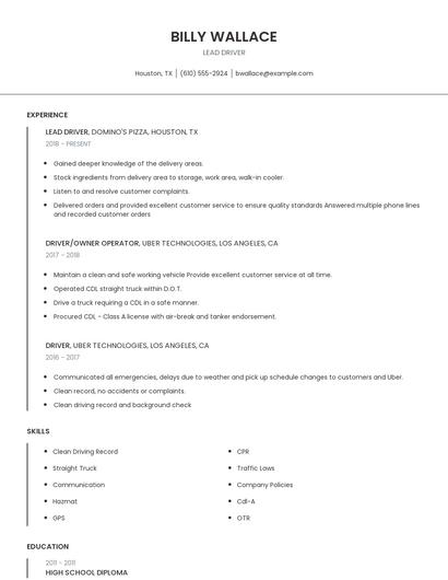Lead Driver Resume
