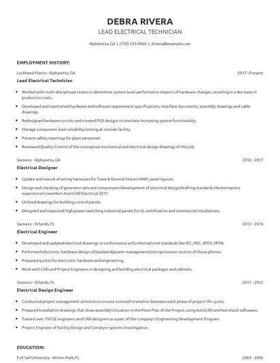 Lead Electrical Technician Resume