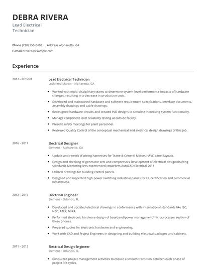 Lead Electrical Technician Resume