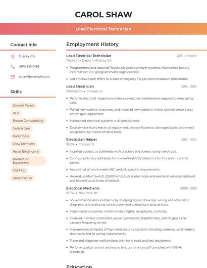 Lead Electrical Technician Resume