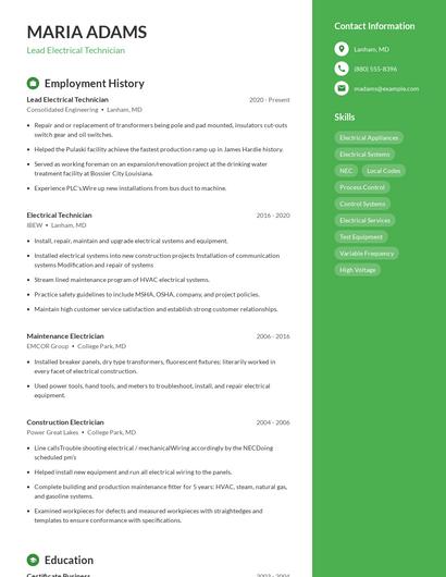 Lead Electrical Technician Resume
