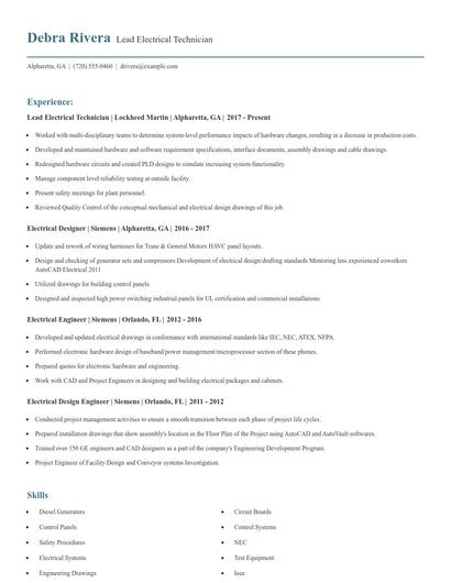 Lead Electrical Technician Resume
