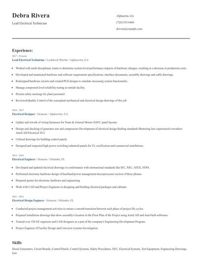 Lead Electrical Technician Resume