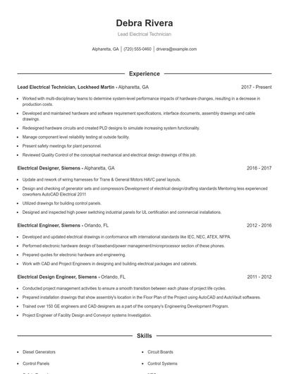 Lead Electrical Technician Resume