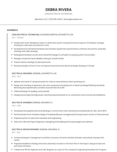 Lead Electrical Technician Resume