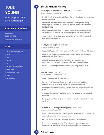 Lead Engineer And Project Manager Resume