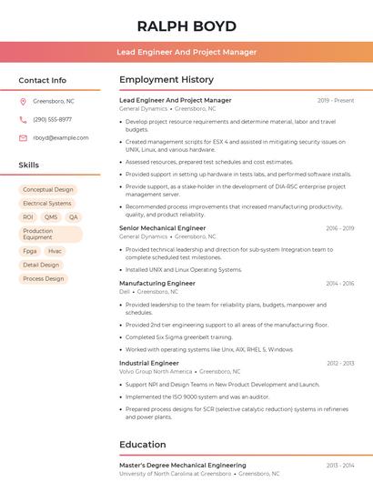 Lead Engineer And Project Manager Resume