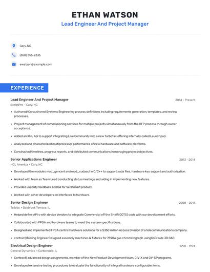 Lead Engineer And Project Manager Resume