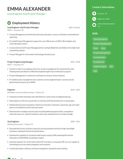 Lead Engineer And Project Manager Resume