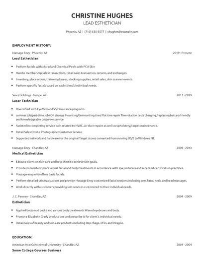 Lead Esthetician Resume