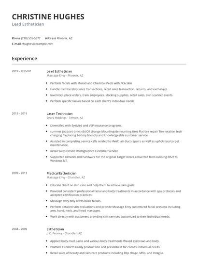 Lead Esthetician Resume