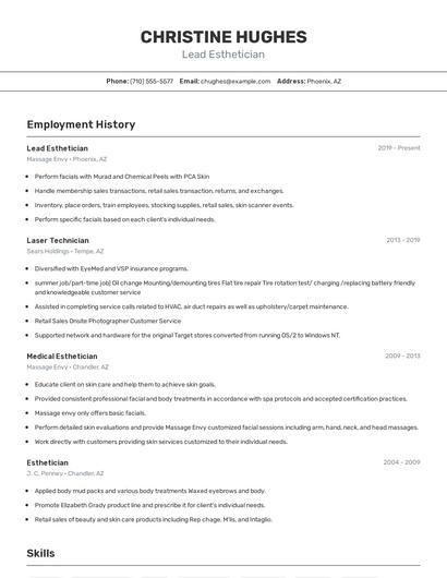 Lead Esthetician Resume