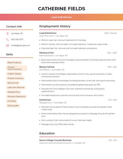 Lead Esthetician Resume