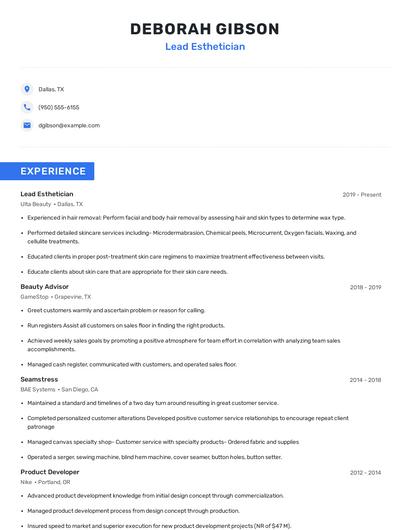 Lead Esthetician Resume