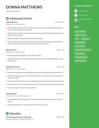 Lead Esthetician Resume