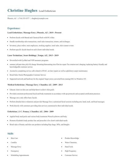 Lead Esthetician Resume