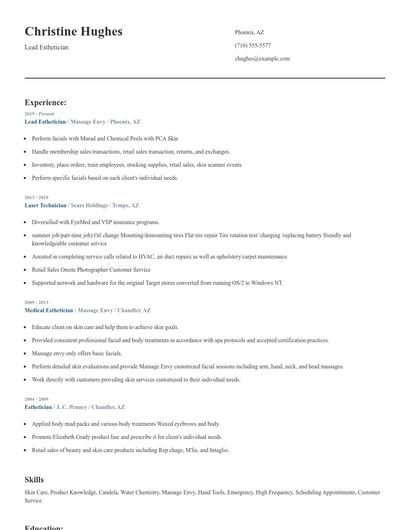 Lead Esthetician Resume