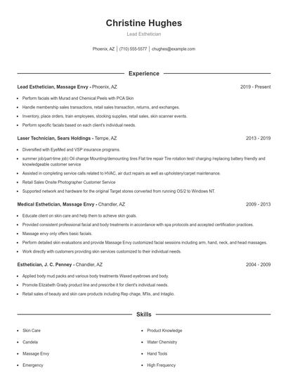 Lead Esthetician Resume
