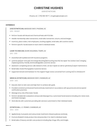 Lead Esthetician Resume