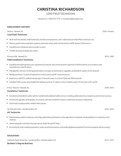 Lead Field Technician Resume