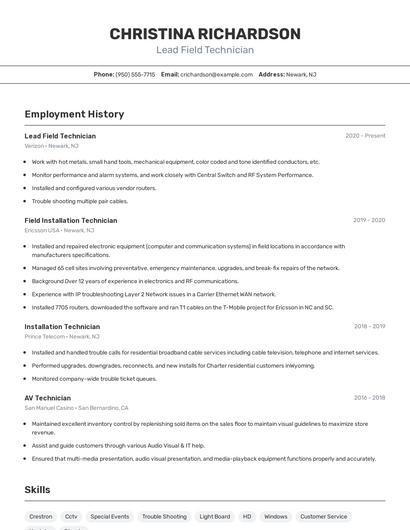 Lead Field Technician Resume