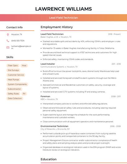 Lead Field Technician Resume
