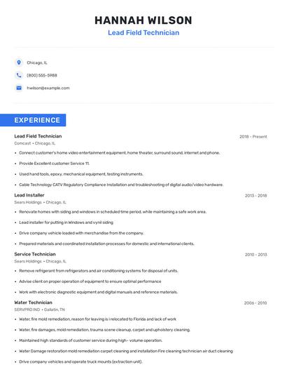 Lead Field Technician Resume