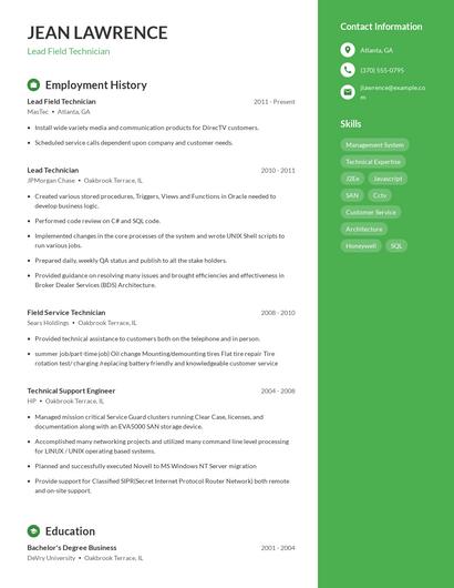 Lead Field Technician Resume