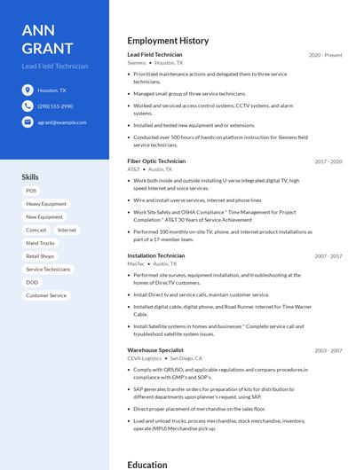 Lead Field Technician Resume