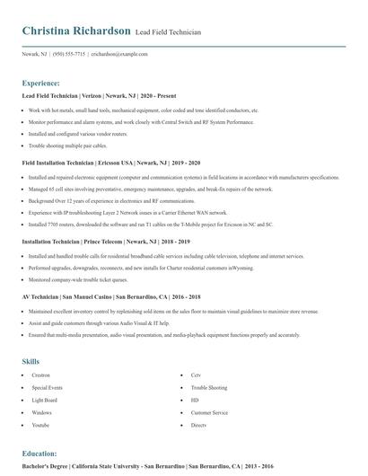 Lead Field Technician Resume