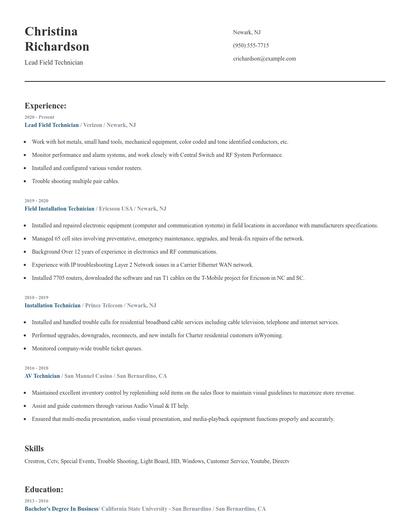 Lead Field Technician Resume