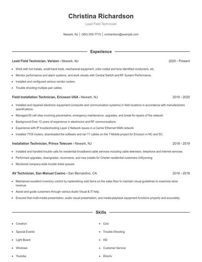 Lead Field Technician Resume