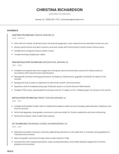 Lead Field Technician Resume
