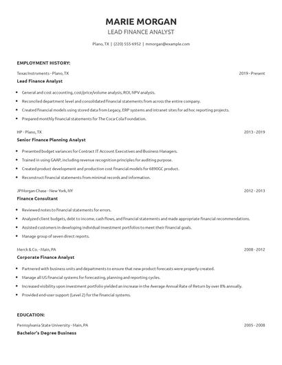 Lead Finance Analyst Resume