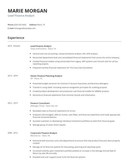 Lead Finance Analyst Resume