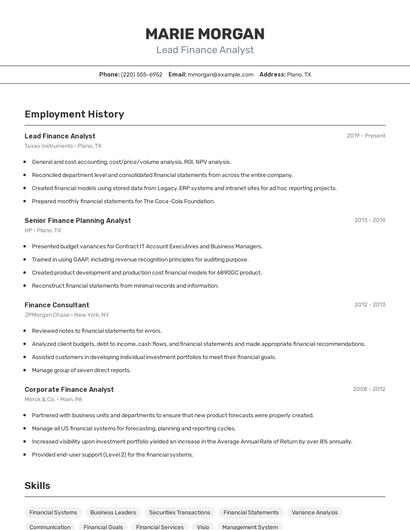 Lead Finance Analyst Resume