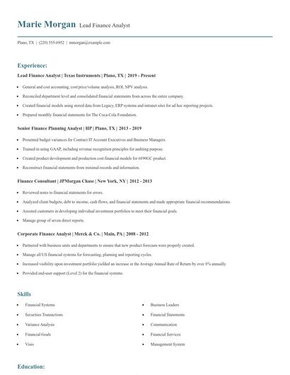 Lead Finance Analyst Resume